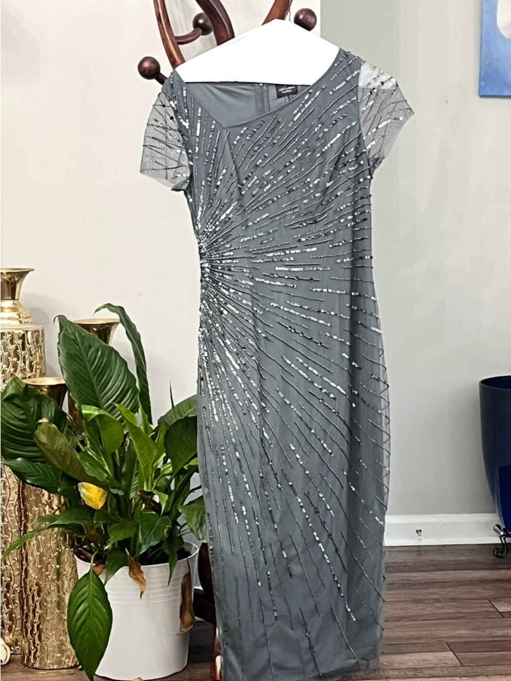 Adrianna Papell Gunmetal Beaded Midi Dress with Radiant Burst - Picture 2 of 4